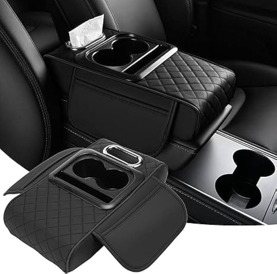Leather Car Armrest with Cup Holder & Tissue Box - Multifunctional black
